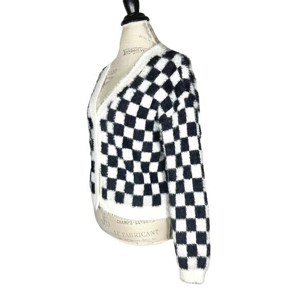 Industry | Women | Black White Checkered Fluffy Knit Button Up Cardigan | Medium - Picture 3 of 12
